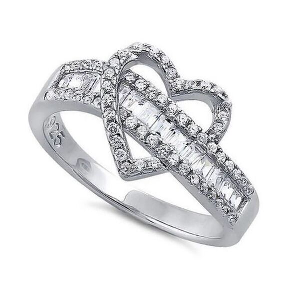 Sterling Silver Exotic Heart Clear CZ Ring New - Picture 1 of 4